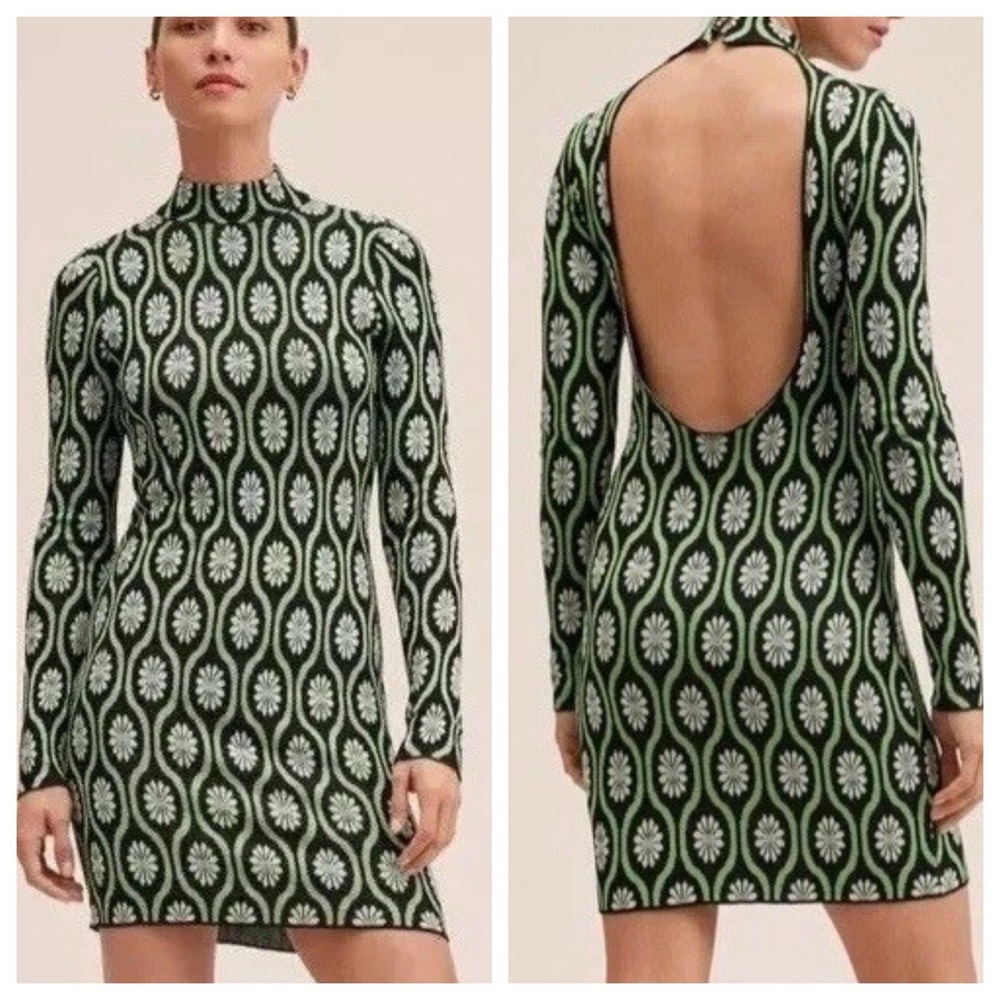 Mango MNG Retro Floral Daisy Boho‎ LS Dress Open Back Mini Mock Neck NWT Sz4